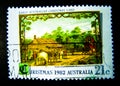 A stamp printed in Australia shows an image of Early Australian christmas card for christmas 1982 on value at 21 cent.